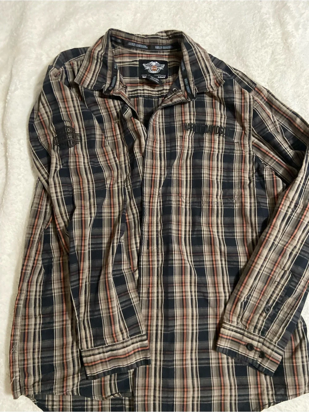 Harley-Davidson Navy, Cream, Rust Plaid Button-Up Shirt